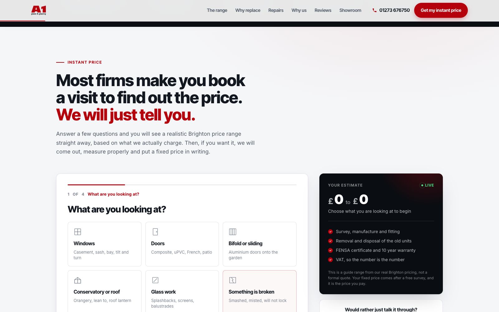 A1 Glass & Glazing Instant estimate page